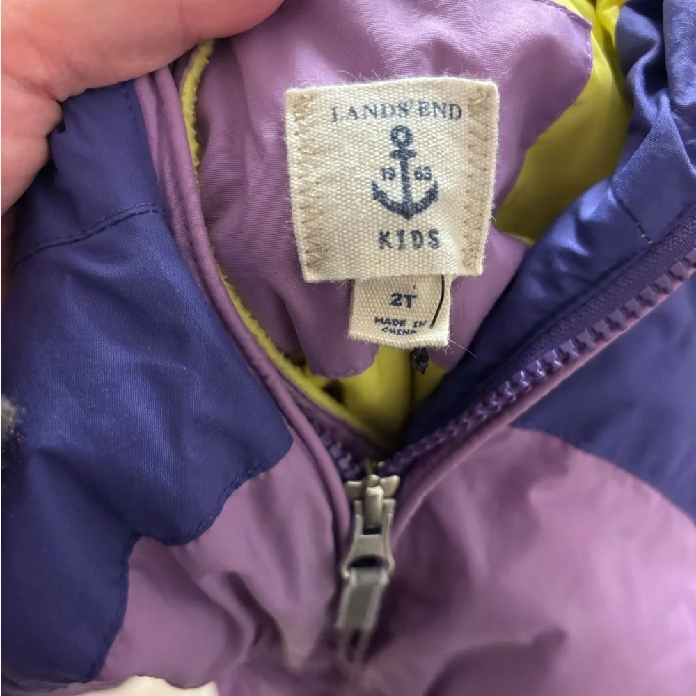 Lands’ End Purple Insulated Snowsuit Size 2T Hooded One Piece Winter Suit